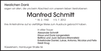 Traueranzeige von Manfred Schmitt von Rüsselsheimer Echo, Groß-Gerauer-Echo, Ried Echo