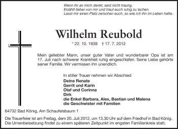 Traueranzeige von Wilhelm Reubold von Echo-Zeitungen (Gesamtausgabe)