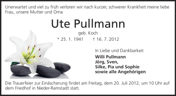Traueranzeige von Ute Pullmann von Echo-Zeitungen (Gesamtausgabe)
