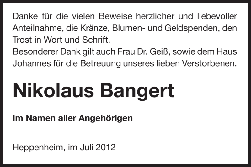  Traueranzeige für Nikolaus Bangert vom 21.07.2012 aus Starkenburger Echo