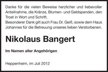 Traueranzeige von Nikolaus Bangert von Starkenburger Echo