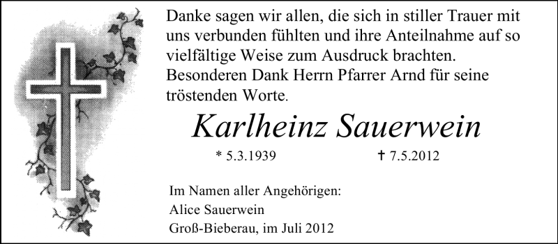  Traueranzeige für Karlheinz Sauerwein vom 21.07.2012 aus Echo-Zeitungen (Gesamtausgabe)