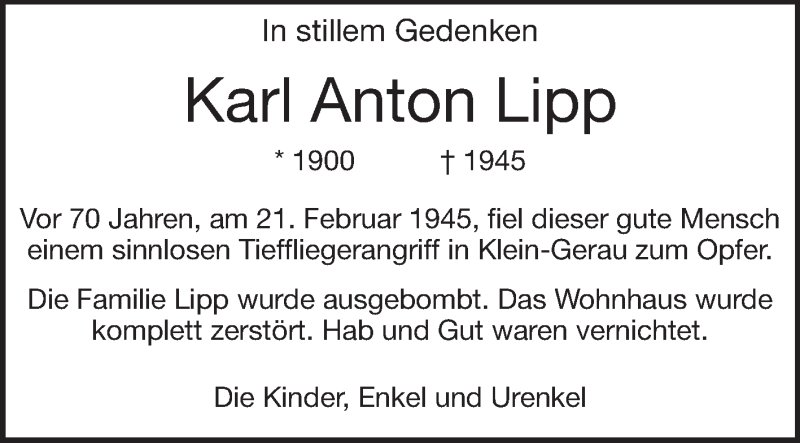  Traueranzeige für Karl Anton Lipp vom 21.02.2015 aus Darmstädter Echo, Odenwälder Echo, Rüsselsheimer Echo, Groß-Gerauer-Echo, Ried Echo