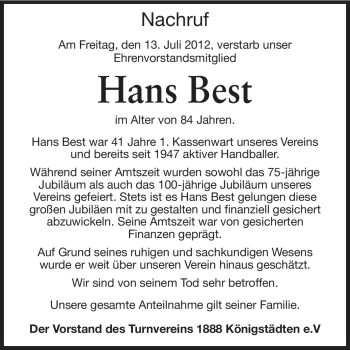 Traueranzeige von Hans Best von Rüsselsheimer Echo, Groß-Gerauer-Echo, Ried Echo