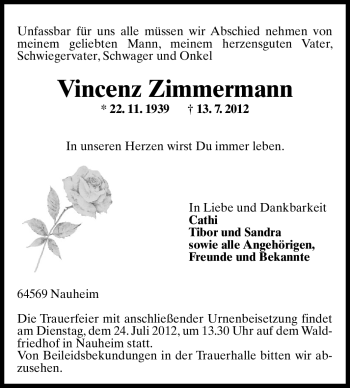 Traueranzeige von Vincenz Zimmermann von Rüsselsheimer Echo, Groß-Gerauer-Echo, Ried Echo