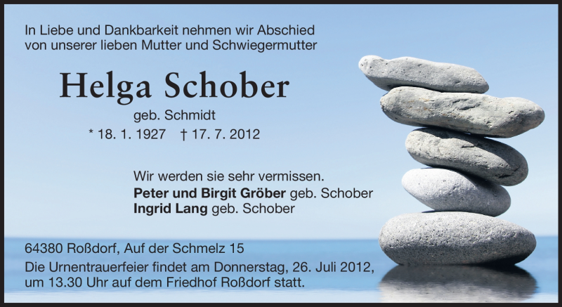  Traueranzeige für Helga Schober vom 21.07.2012 aus Echo-Zeitungen (Gesamtausgabe)