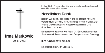 Traueranzeige von Irma Markowic von Echo-Zeitungen (Gesamtausgabe)
