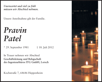Traueranzeige von Pravin Patel von Starkenburger Echo