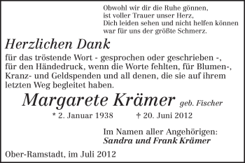Traueranzeige von Margarete Krämer von Darmstädter Echo, Odenwälder Echo, Rüsselsheimer Echo, Groß-Gerauer-Echo, Ried Echo