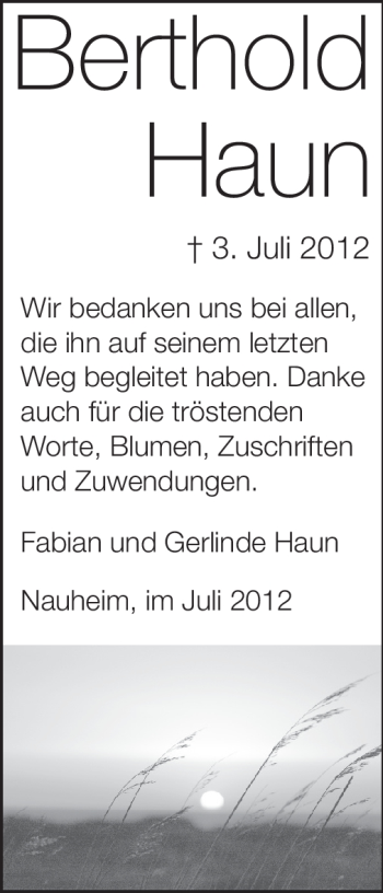 Traueranzeige von Berthold Haun von Rüsselsheimer Echo, Groß-Gerauer-Echo, Ried Echo