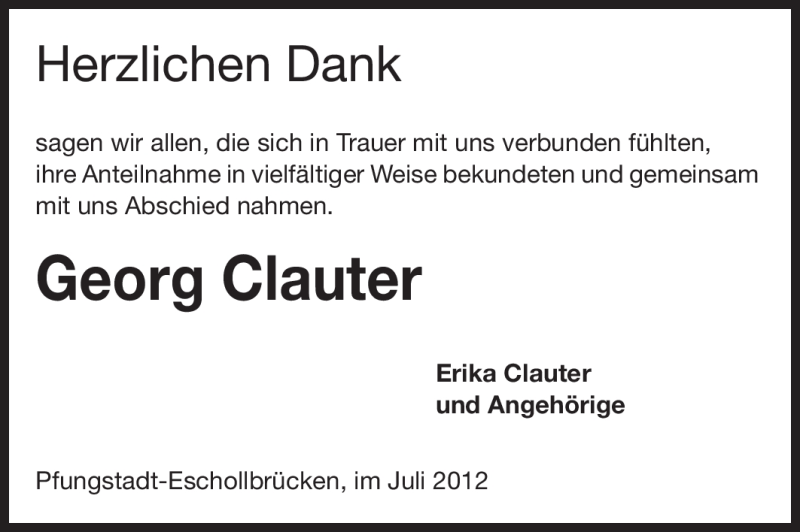  Traueranzeige für Georg Clauter vom 21.07.2012 aus Echo-Zeitungen (Gesamtausgabe)