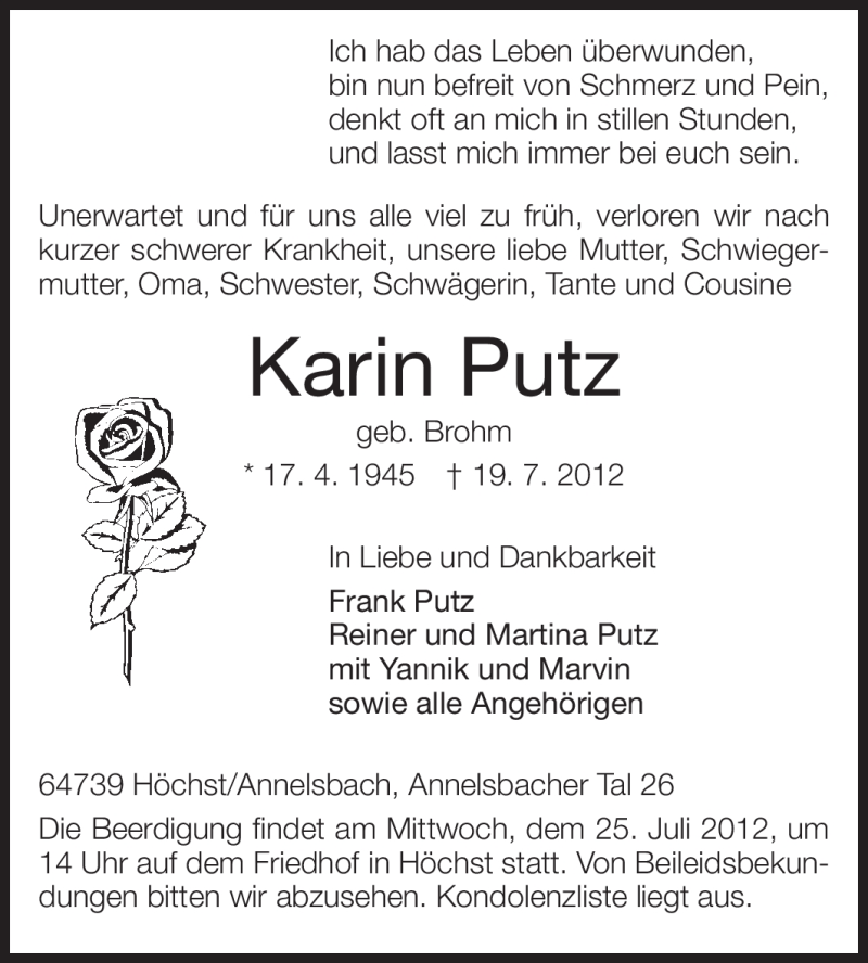  Traueranzeige für Karin Putz vom 21.07.2012 aus Odenwälder Echo