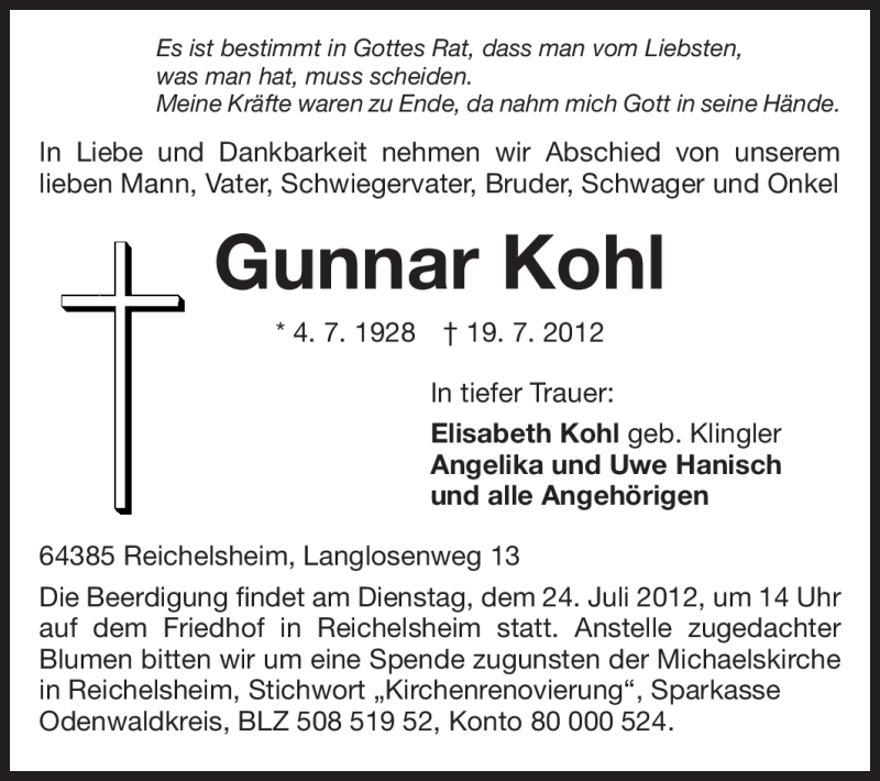  Traueranzeige für Gunnar Kohl vom 21.07.2012 aus Odenwälder Echo