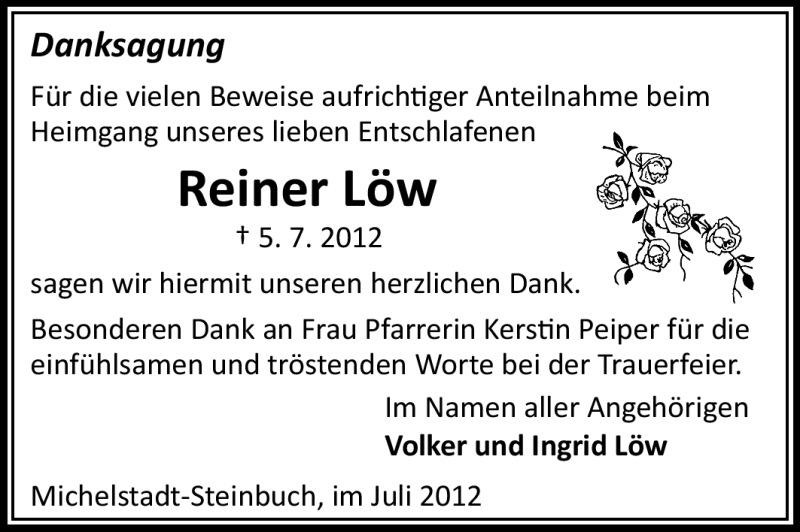  Traueranzeige für Reiner Löw vom 24.07.2012 aus Odenwälder Echo
