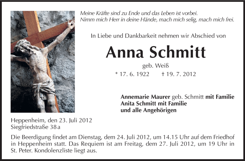  Traueranzeige für Anna Schmitt vom 23.07.2012 aus Starkenburger Echo