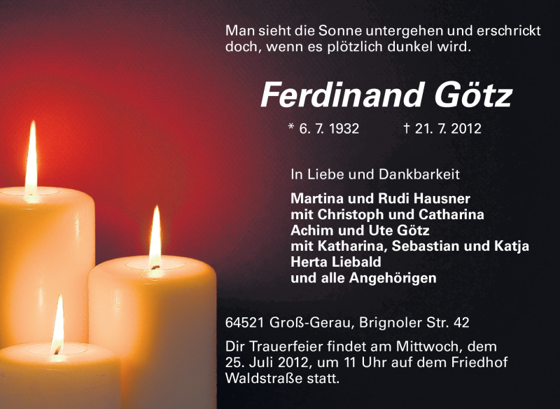  Traueranzeige für Ferdinand Götz vom 23.07.2012 aus Rüsselsheimer Echo, Groß-Gerauer-Echo, Ried Echo