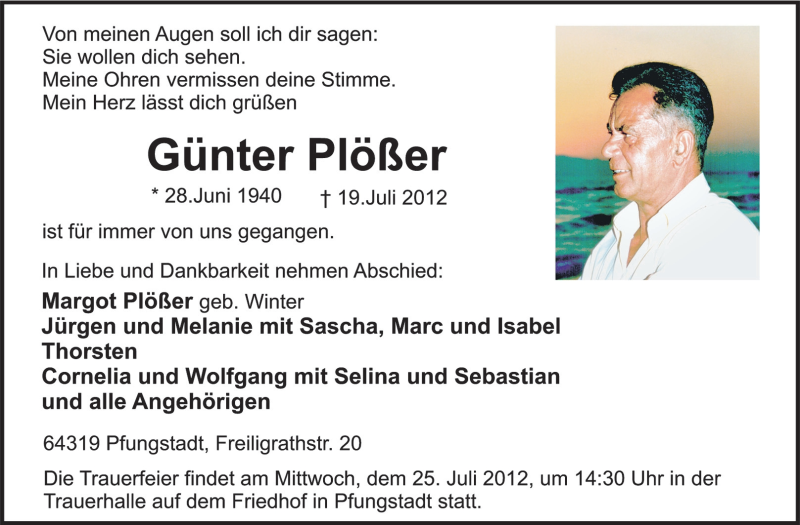  Traueranzeige für Günter Plößer vom 23.07.2012 aus Echo-Zeitungen (Gesamtausgabe)