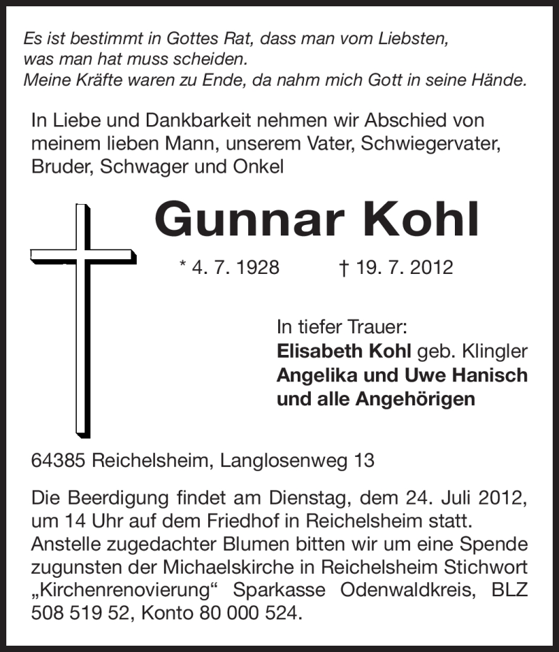  Traueranzeige für Gunnar Kohl vom 23.07.2012 aus Darmstädter Echo, Odenwälder Echo, Rüsselsheimer Echo, Groß-Gerauer-Echo, Ried Echo