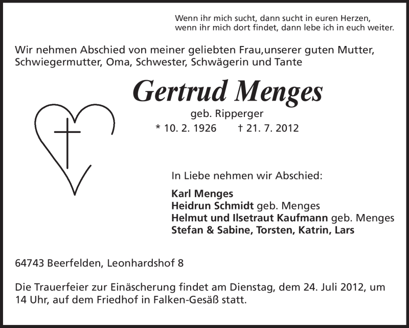  Traueranzeige für Gertrud Menges vom 23.07.2012 aus Odenwälder Echo