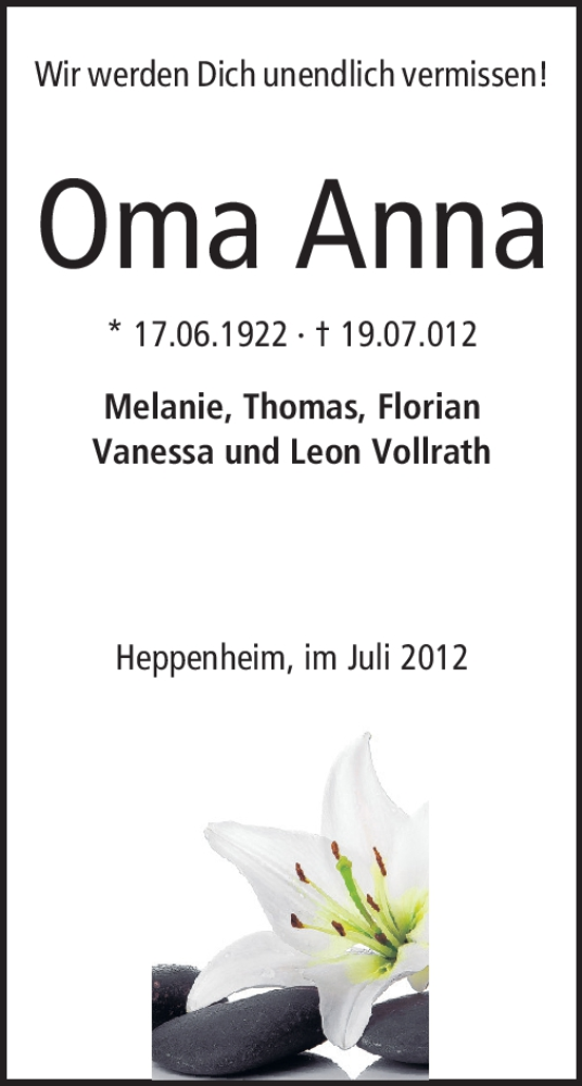  Traueranzeige für Anna Schmitt vom 24.07.2012 aus Starkenburger Echo