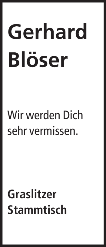 Traueranzeige von Gerhard Blöser von Rüsselsheimer Echo, Groß-Gerauer-Echo, Ried Echo