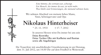 Traueranzeige von Nikolaus Hinterheiser von Darmstädter Echo, Odenwälder Echo, Rüsselsheimer Echo, Groß-Gerauer-Echo, Ried Echo