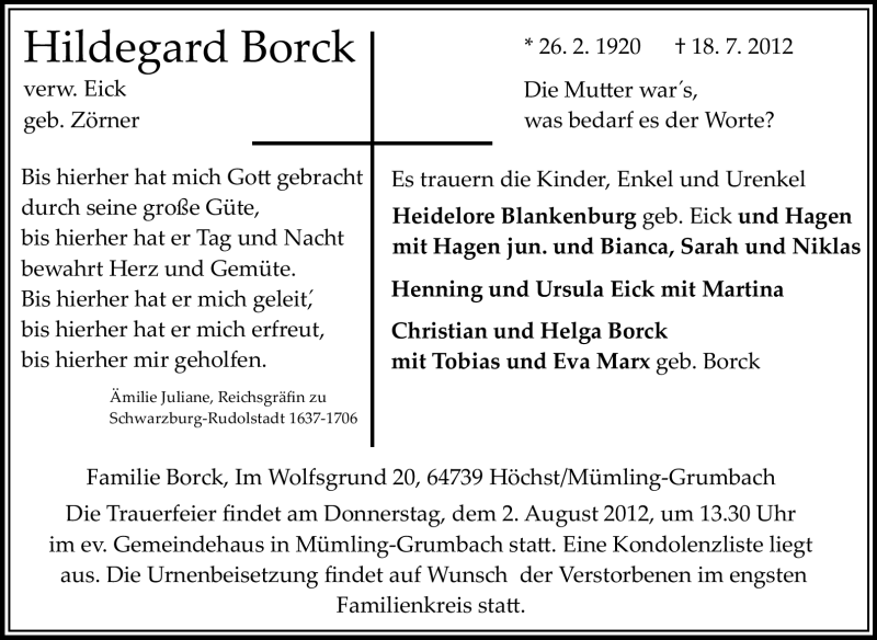  Traueranzeige für Hildegard Borck vom 25.07.2012 aus Odenwälder Echo