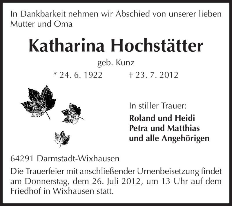  Traueranzeige für Katharina Hochstätter vom 24.07.2012 aus Echo-Zeitungen (Gesamtausgabe)