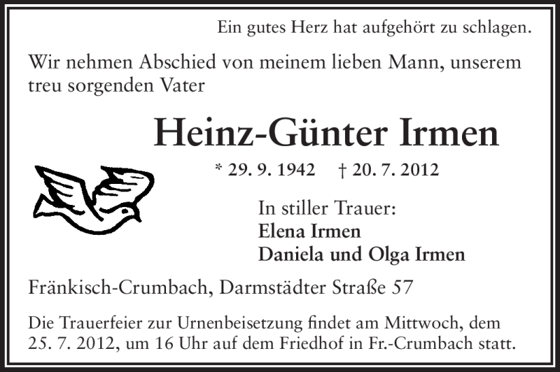  Traueranzeige für Heinz-Günter Irmen vom 24.07.2012 aus Odenwälder Echo