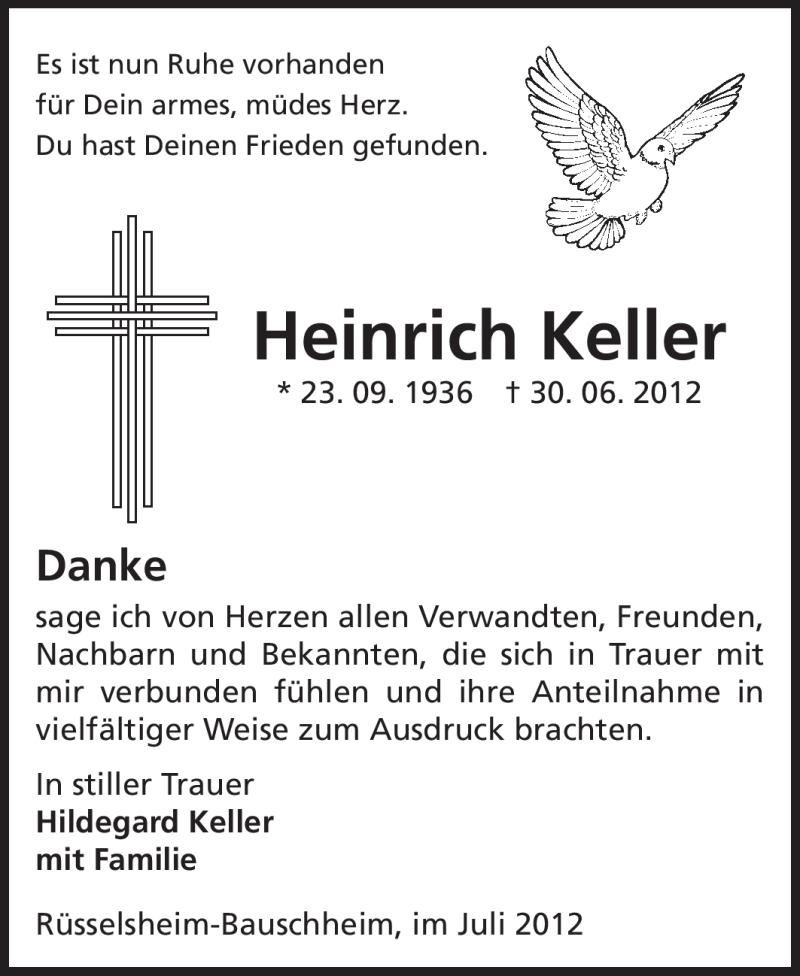  Traueranzeige für Heinrich Keller vom 25.07.2012 aus Rüsselsheimer Echo, Groß-Gerauer-Echo, Ried Echo