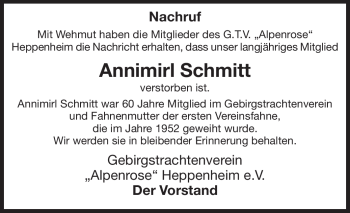 Traueranzeige von Annimirl Schmitt von Starkenburger Echo