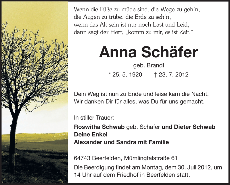  Traueranzeige für Anna Schäfer vom 26.07.2012 aus Odenwälder Echo
