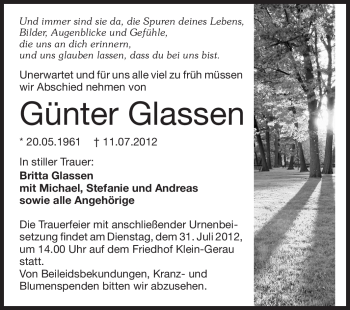 Traueranzeige von Günter Glassen von Rüsselsheimer Echo, Groß-Gerauer-Echo, Ried Echo