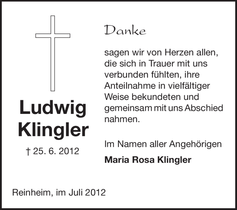  Traueranzeige für Ludwig Klingler vom 28.07.2012 aus Darmstädter Echo, Odenwälder Echo, Rüsselsheimer Echo, Groß-Gerauer-Echo, Ried Echo