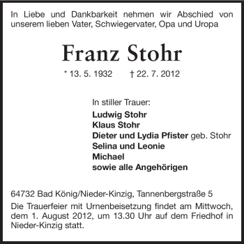 Traueranzeige von Franz Stohr von Odenwälder Echo