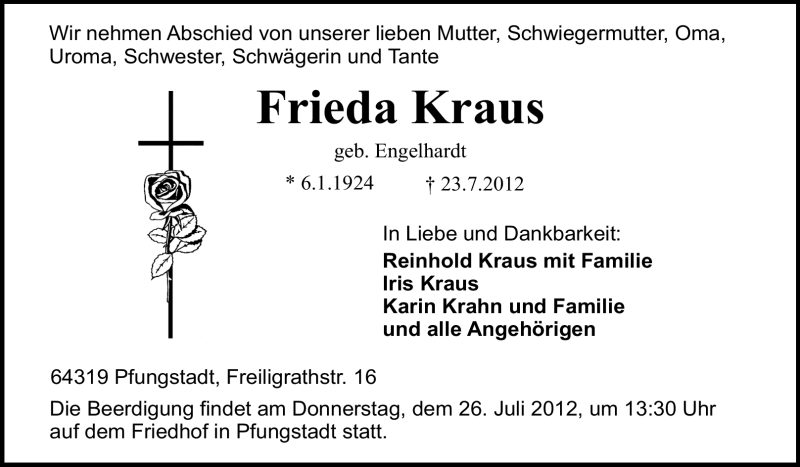  Traueranzeige für Frieda Kraus vom 25.07.2012 aus Echo-Zeitungen (Gesamtausgabe)