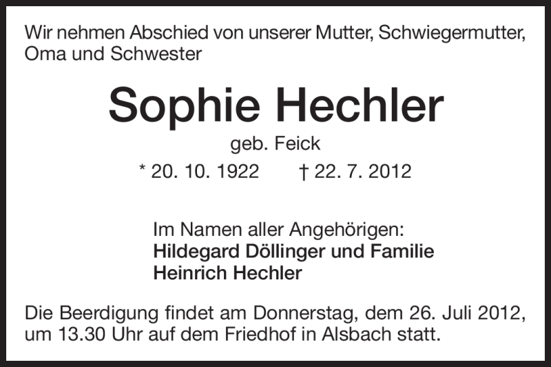 Traueranzeige für Sophie Hechler vom 25.07.2012 aus Echo-Zeitungen (Gesamtausgabe)
