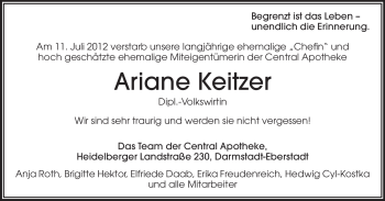 Traueranzeige von Ariane Keitzer von Echo-Zeitungen (Gesamtausgabe)