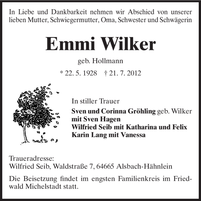  Traueranzeige für Emmi Wilker vom 28.07.2012 aus Echo-Zeitungen (Gesamtausgabe)