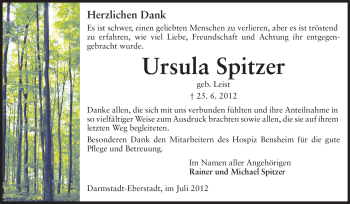 Traueranzeige von Ursula Spitzer von Echo-Zeitungen (Gesamtausgabe)