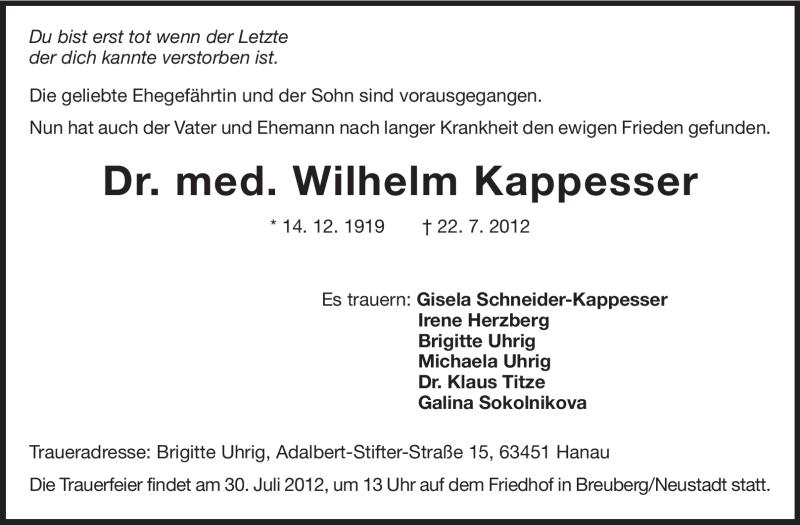  Traueranzeige für Wilhelm Kappesser vom 26.07.2012 aus Echo-Zeitungen (Gesamtausgabe)