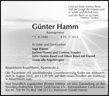 Traueranzeige von Günter Hamm von Rüsselsheimer Echo, Groß-Gerauer-Echo, Ried Echo