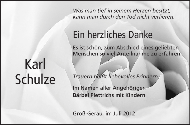  Traueranzeige für Karl Schulze vom 28.07.2012 aus Rüsselsheimer Echo, Groß-Gerauer-Echo, Ried Echo