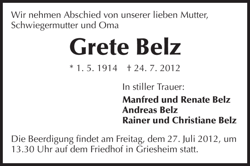  Traueranzeige für Grete Belz vom 26.07.2012 aus Echo-Zeitungen (Gesamtausgabe)