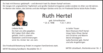 Traueranzeige von Ruth Hertel von Odenwälder Echo