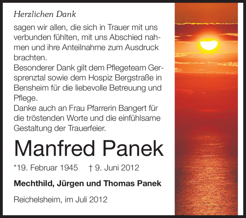  Traueranzeige für Manfred Panek vom 28.07.2012 aus Odenwälder Echo
