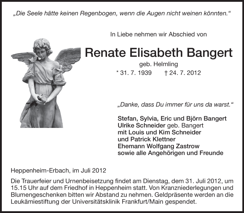  Traueranzeige für Renate Elisabeth Bangert vom 27.07.2012 aus Starkenburger Echo
