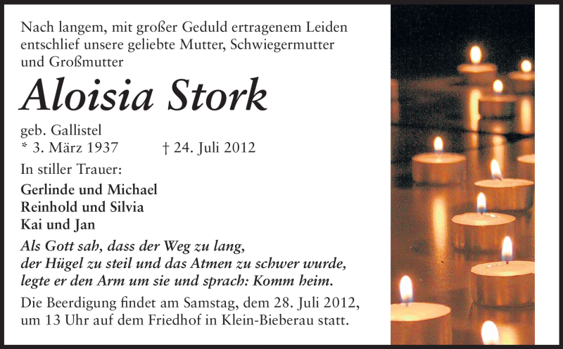  Traueranzeige für Aloisia Stork vom 26.07.2012 aus Echo-Zeitungen (Gesamtausgabe)