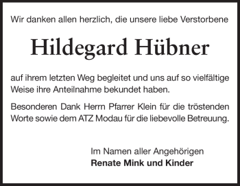 Traueranzeige von Hildegard Hübner von Echo-Zeitungen (Gesamtausgabe)
