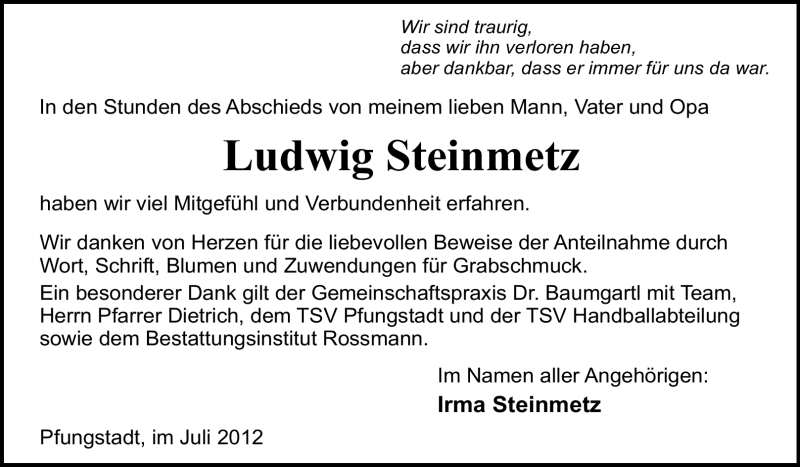  Traueranzeige für Ludwig Steinmetz vom 28.07.2012 aus Echo-Zeitungen (Gesamtausgabe)